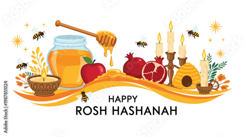 Happy rosh hashanah celebration banner featuring traditional symbols like honey apples pomegranates bees and candles for the jewish new year.