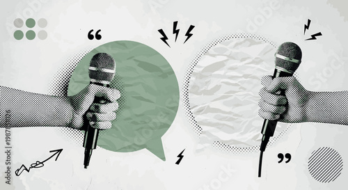 Creative collage of two hands holding microphones with speech bubbles and abstract elements for podcasting and public speaking vector illustration