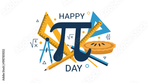 Happy pi day celebration graphic featuring the mathematical symbol surrounded by various geometry tools a pencil and a delicious pie.