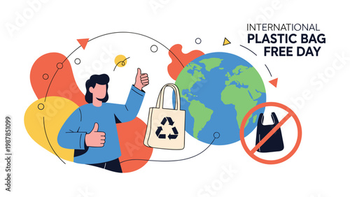 International plastic bag free day concept illustration featuring reusable bags and environmental awareness for a cleaner planet.