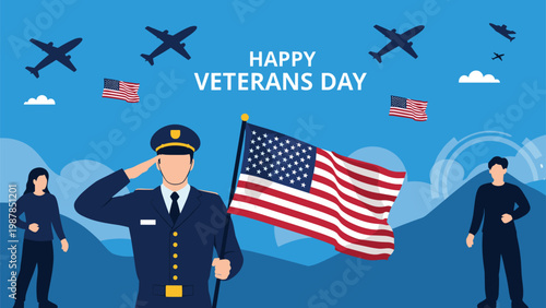 Happy veterans day tribute showing brave soldier saluting in front of american flag with military jets flying overhead.