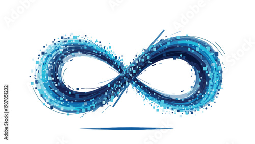 Abstract infinity symbol created with blue digital pixels and glowing data particles representing endless possibilities.