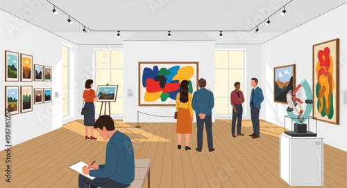 Art Gallery Exhibition Displaying Paintings and Sculptures.