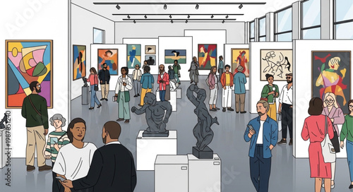 Art Gallery Exhibition Displaying Paintings and Sculptures with Visitors.