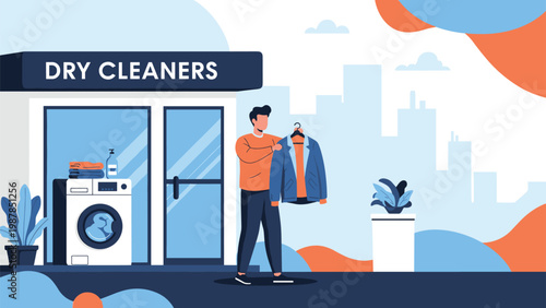 Modern dry cleaners shop exterior featuring man holding clean jacket next to washing machine and laundry service supplies.