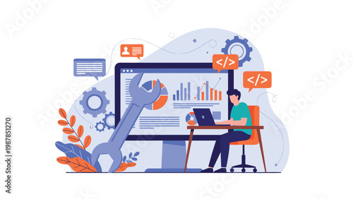Web developer or software engineer working at computer with large wrench and data analysis charts on a blue background.
