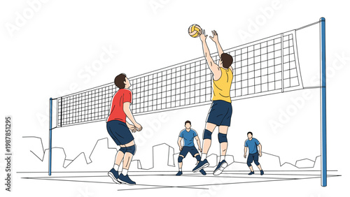 Active players competing in volleyball match on outdoor court with player jumping to hit the ball over the net at sunset.