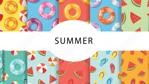 Summer holiday seamless pattern design featuring colorful swim rings and beach balls with flip flops and watermelon slices.