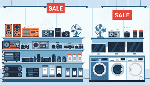 Electronics store interior display with shelves full of radios and cameras and television monitors alongside washing machines.