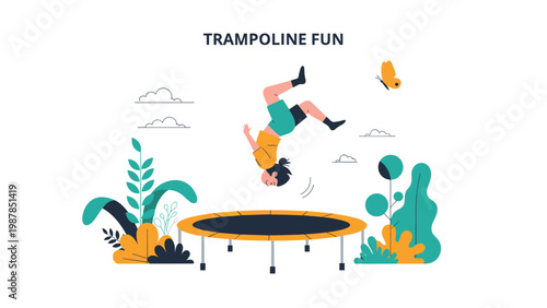 Energetic young man performs a professional backflip on a large outdoor trampoline surrounded by green plants and nature.