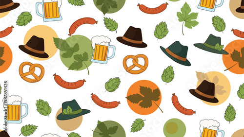 Seamless pattern design for Oktoberfest festival featuring traditional elements like beer mugs, pretzels, sausages, and Bavarian hats.