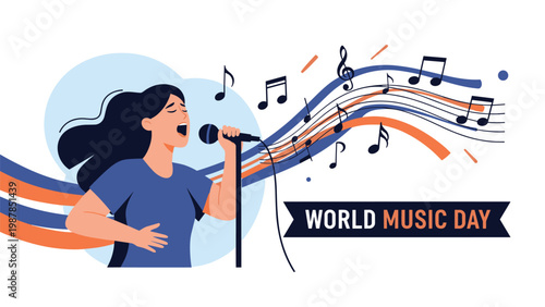 Talented female singer performs with passion into a microphone during a concert event celebrating World Music Day with musical notes.