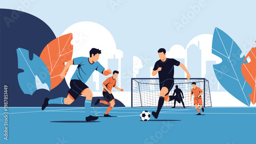 Group of professional athletes plays an intense football match on an urban field with skyscrapers and city buildings in the background.