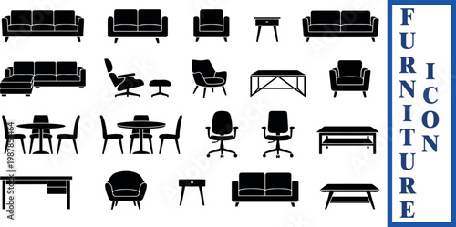 Collection of black silhouette furniture icons including sofas chairs and tables on transparent background