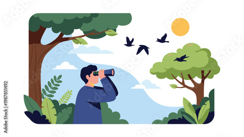 Nature enthusiast stands in a lush green forest while using binoculars to watch a flock of birds flying across the sunny sky.