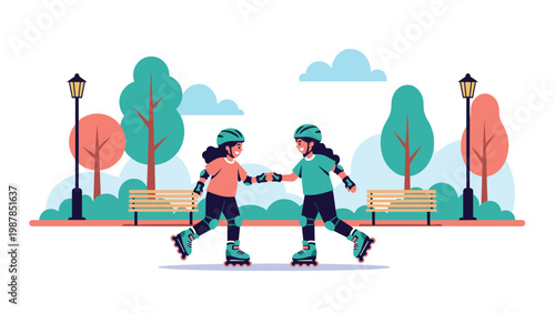 Two young girls wearing helmets and protective gear enjoy a sunny afternoon roller skating together on a path in a beautiful public park.