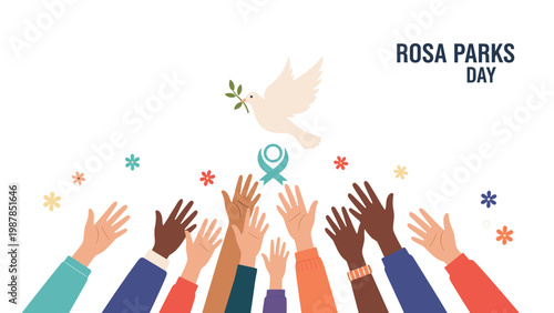 Rosa Parks Day commemorative illustration features raised diverse hands reaching toward a white dove of peace and a symbolic ribbon.