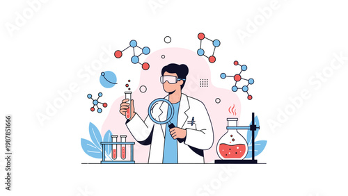 Dedicated female scientist wearing goggles and a lab coat performs a chemistry experiment with test tubes, flasks, and molecular models.