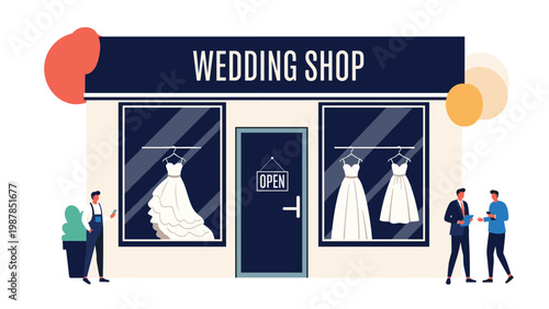 Charming wedding shop storefront features beautiful white bridal gowns in large display windows with customers talking outside.