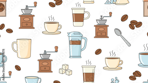 Seamless background pattern for a coffee shop features various icons like coffee mugs, beans, grinders, and sugar cubes.