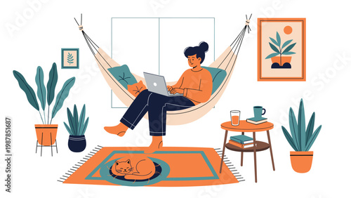 Relaxed woman works comfortably on her laptop while sitting in a cozy indoor hammock surrounded by house plants and home decor.