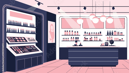 Stylish interior of a modern beauty and makeup store displays various cosmetic products on shelves with a counter and posters.