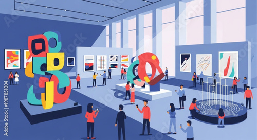 Art Gallery Exhibition Modern Sculptures Paintings Displayed.