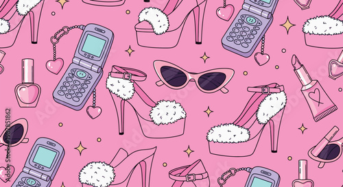 Cute Y2K aesthetic seamless pattern with retro flip phones platform heels cat eye sunglasses and lipstick icons pink vector illustration
