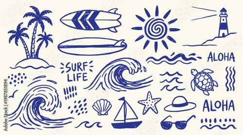 Set of summer beach hand drawn doodle elements with surfing objects and sea animals.