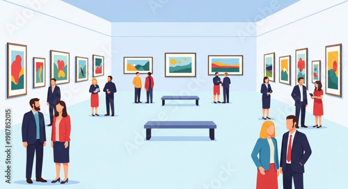 Art Gallery Exhibition Visitors Admiring Paintings on Walls.