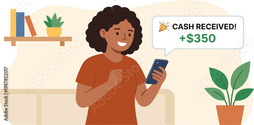 Woman receives cash on phone at home with happiness and plants around