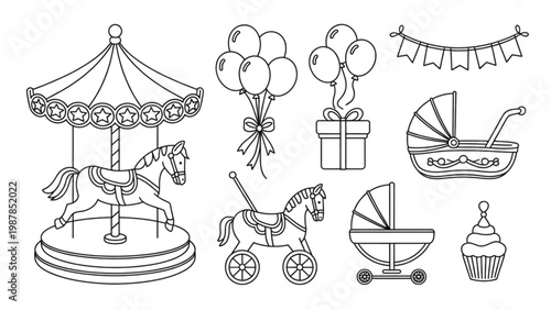 Elegant Carousel Horse Baby Shower Illustration Set Vintage Merry-Go-Round Party Decor Elements