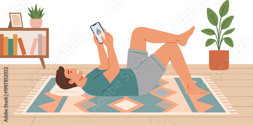 A man lies on a colorful rug in a cozy living room reading on his phone.