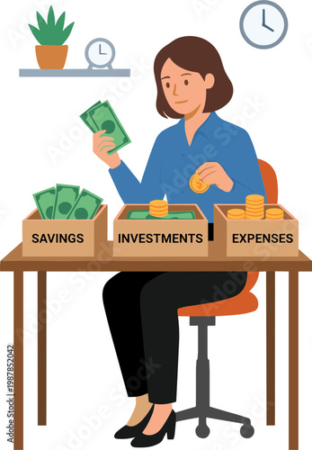 Woman managing finances with cash and coins in boxes on desk
