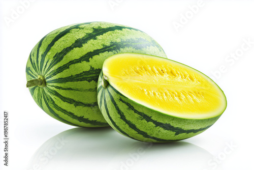 Yellow watermelon with sliced pieces fresh sweet fruit isolated on white background

