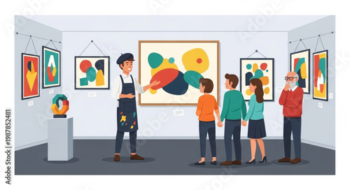 Art gallery exhibition with curator explaining paintings to visitors.