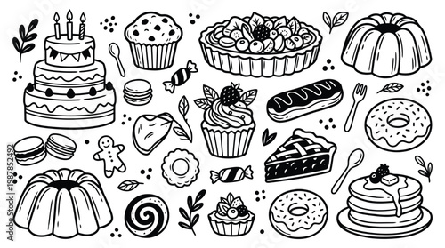 Sweet bakery and dessert hand drawn doodle elements for birthday celebrations.