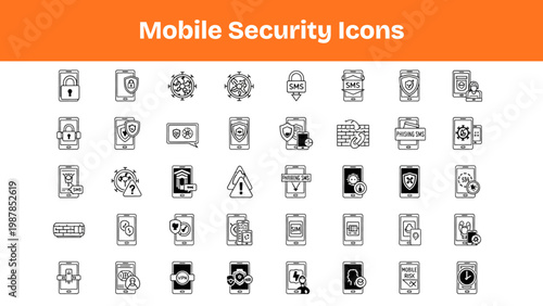 Mobile Security Silhouette Icons Set – Smartphone Protection & App Safety Vector Pack