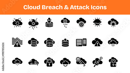 Cloud Security Breach Silhouette Icons Set – Data Leak & Cyber Attack Vector Pack