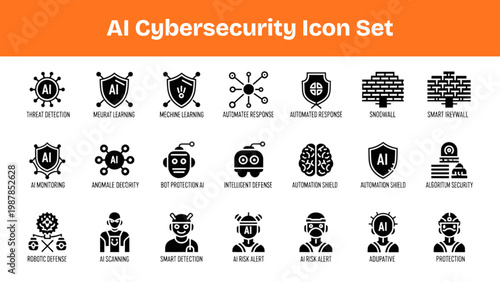 AI Cybersecurity Silhouette Icons Set – Machine Learning Threat Detection Vector Pack