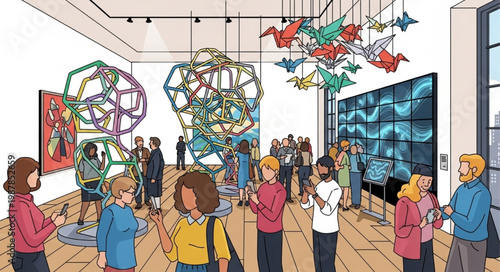 Art Gallery Exhibition With Diverse Visitors Admiring Modern Sculptures And Digital Displays.