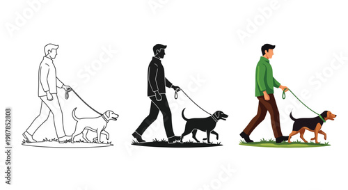 Minimalist vector illustration set depicting a man walking his loyal pet dog showing different styles including outline silhouette and colorful design for your creative project
