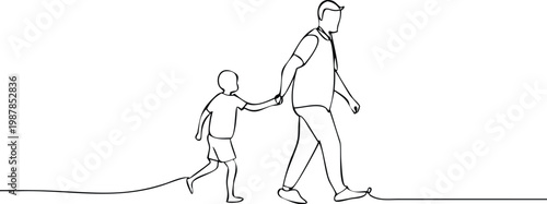 father and son holding hands, walking together. continuous line art. transparent background for easy use.