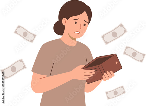 A woman examines her empty wallet with concern surrounded by floating money bills.