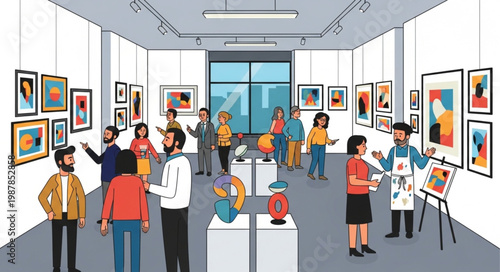 Art Gallery Exhibition with Diverse Visitors Admiring Paintings and Sculptures.