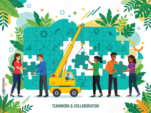 Teamwork and collaboration concept with people working together to build a puzzle  business partnership and cooperation  teamwork and collaboration