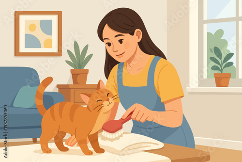 Young woman brushing ginger cat