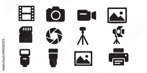 Professional photography and videography equipment solid icon set