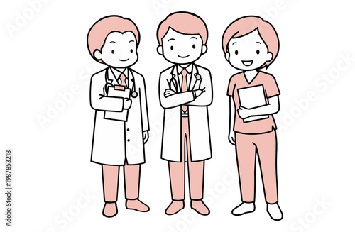 Pink colored illustration of smiling doctors and nurse team