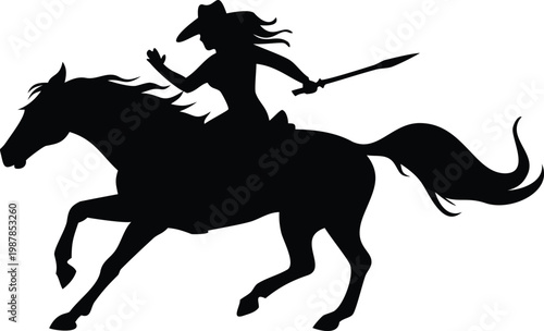 Female warrior riding horse with sword silhouette vector illustration fantasy theme on transparent background.